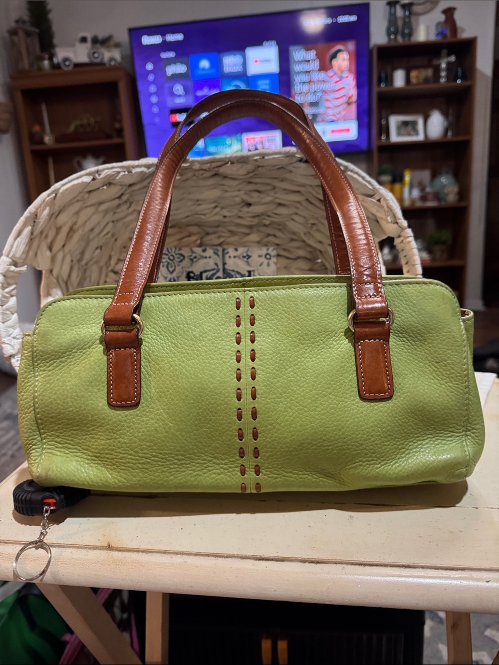 Fossil Green Leather Satchel with Brown Handles